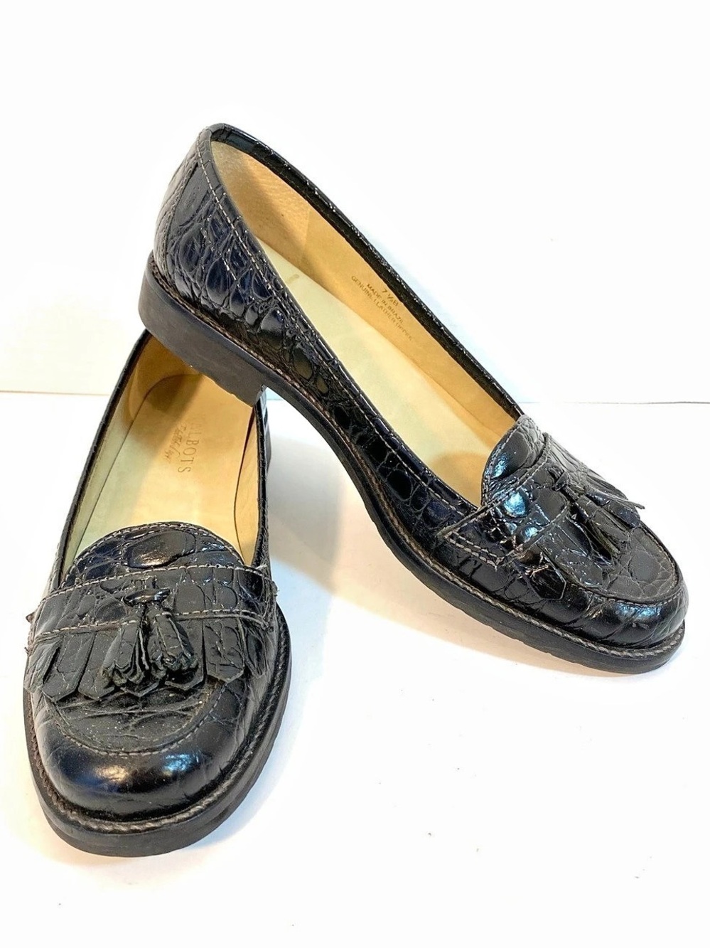 TALBOTS Croc-Embossed Black Leather Tassel Kiltie Loafers